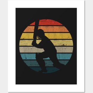 Cricket Player Silhouette On A Distressed Retro Sunset print Posters and Art